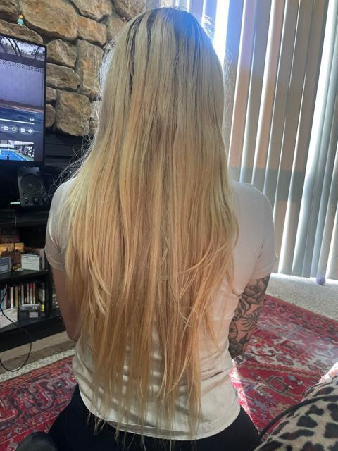 Before: long blonde hair with uneven warmth through the mid-lengths