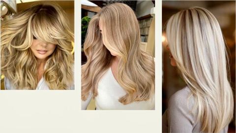 Three views of a dimensional blonde result showing tone, movement, and blend
