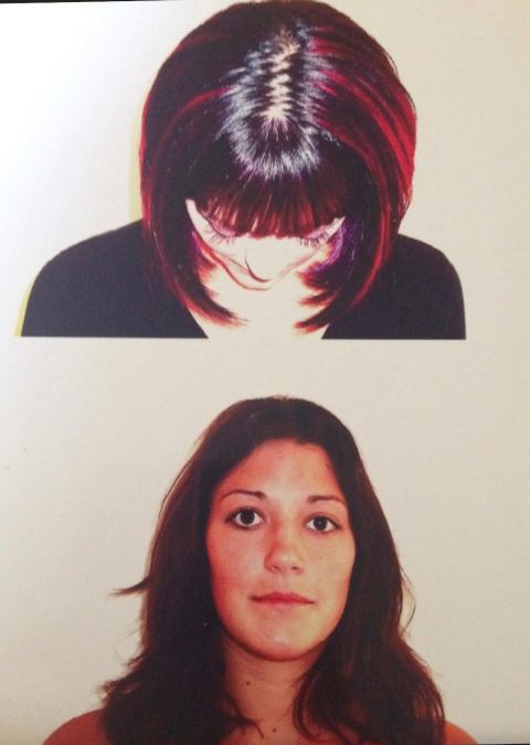 Full before and after layout of the long dark brown to red bob transformation