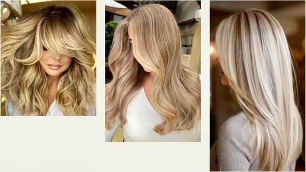 Three views of a dimensional blonde result showing tone, movement, and grow-out blend