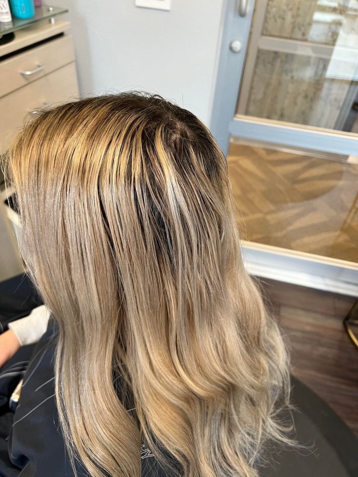 Before: uneven blonde with warm banding and heavy regrowth
